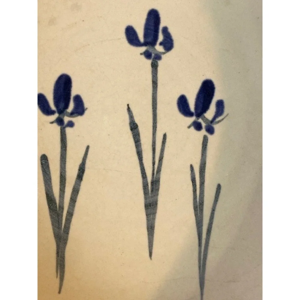 Lynn Gray Signed Studio Pottery Bowl Blue Iris Floral Cobalt Rim Large 9.5 Inch